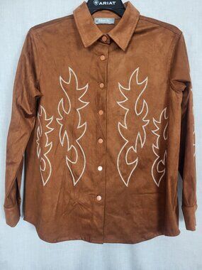 Blue B Suede-Like Shacket Shirt Size S Embroidered Western Classy Brown Work